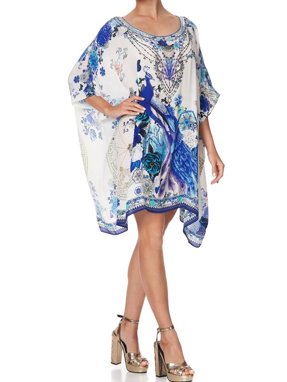 CAMILLA White Side Of The Moon Silk Crystal Short Round Neck Kaftan Dress O/S